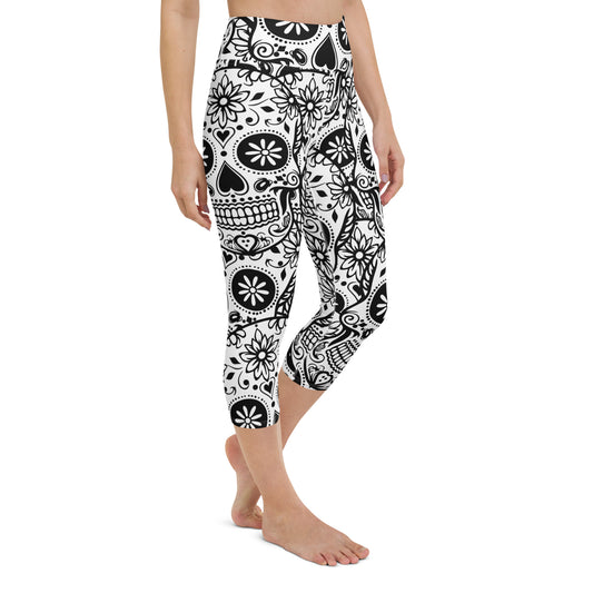 Black and White Skull Yoga Capri Leggings